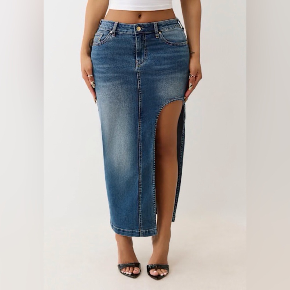 True Religion Womens stretch denim maxi cut out skirt size 26
